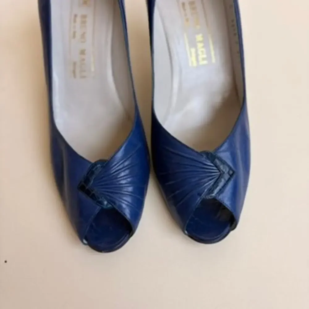 Bruno Magli Navy Peep-Toe Pumps - Ruched Vamp, Made in Italy, Size 7.5